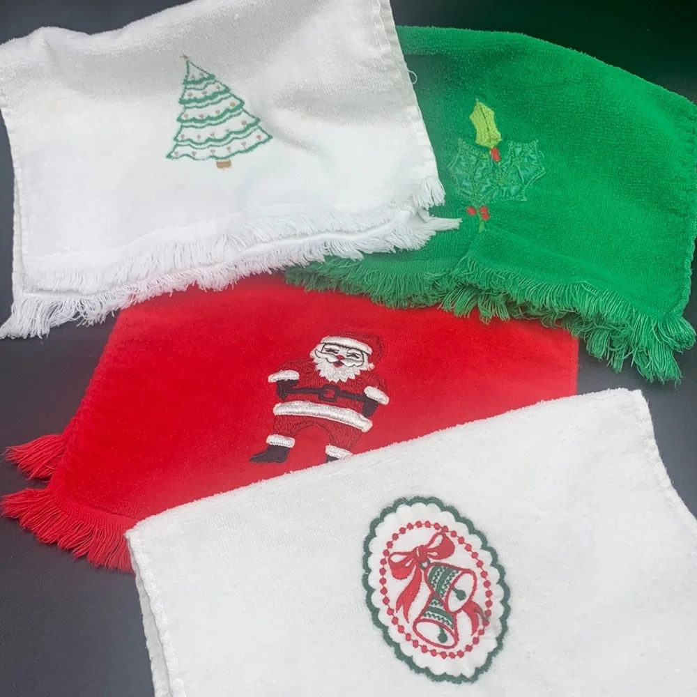 Six Vintage Fringed Christmas Tree Santa Bells Deer Holly Hand Finger Towels